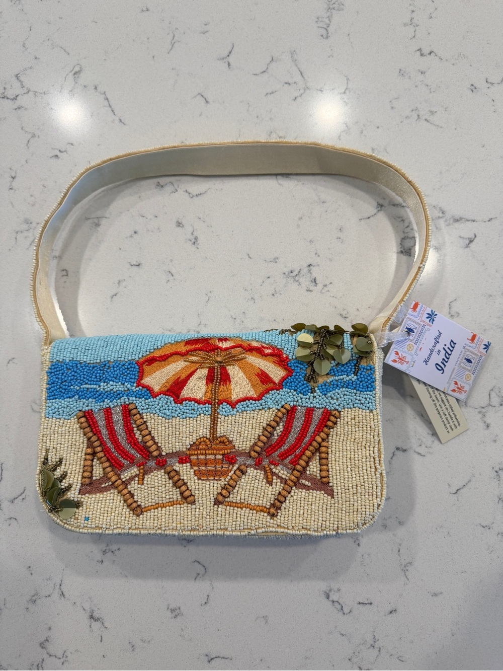 Viral Hand-Beaded Beach Scene Shoulder Bag - Ivory & Blue